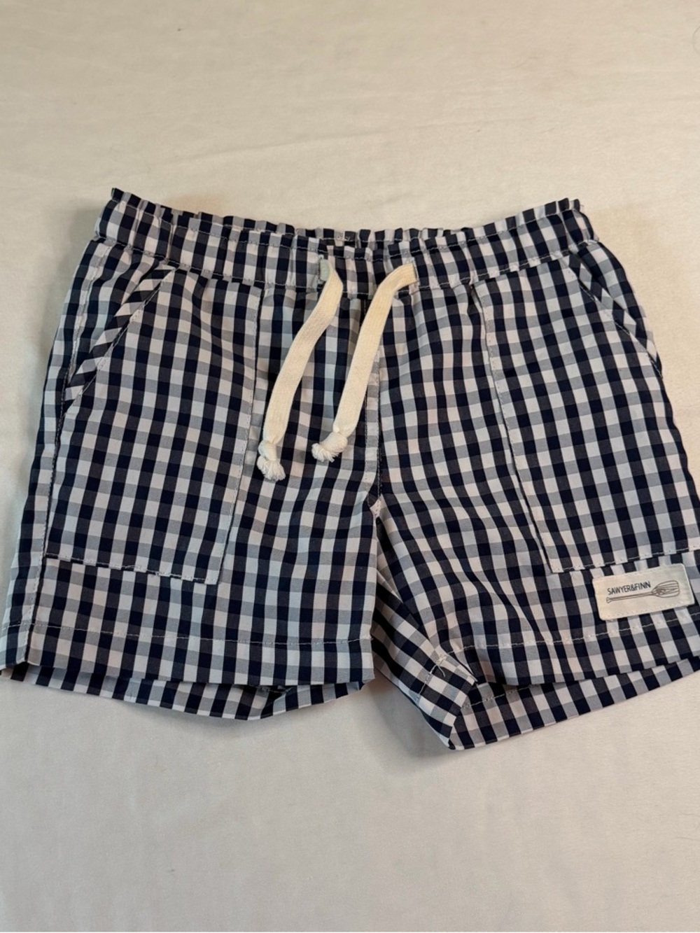 Sawyer & Fin Gingham Swim Trunks Navy White Checkered Board Shorts Boys Size 3